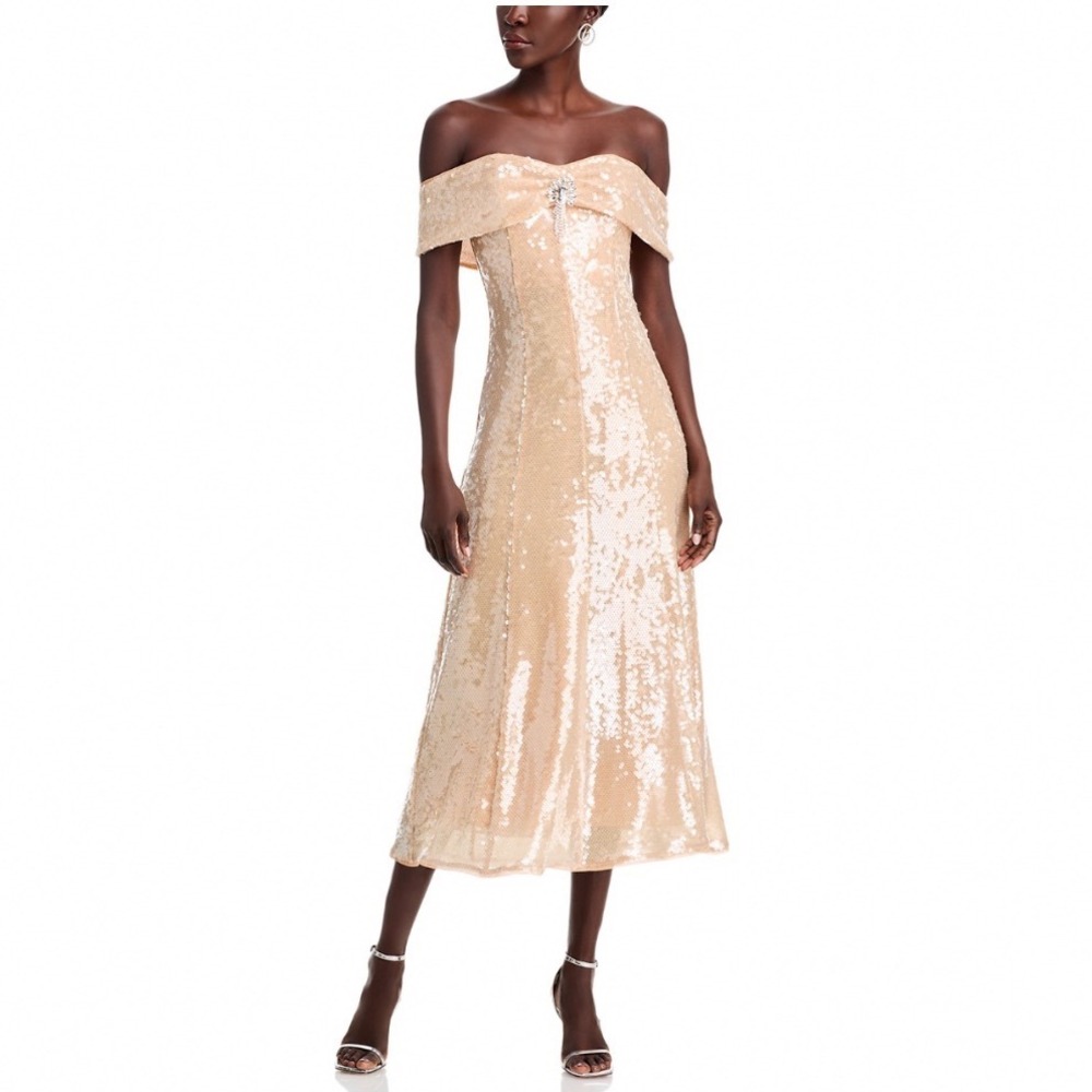 Self-Portrait Gold Sequin Off-the-Shoulder Midi Dress Diamante Brooch Size 4 NEW